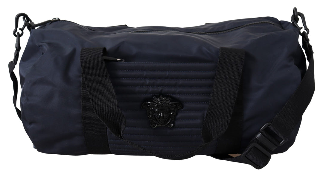 Versace Elegant Blue Nylon Travel Bag with Leather Details