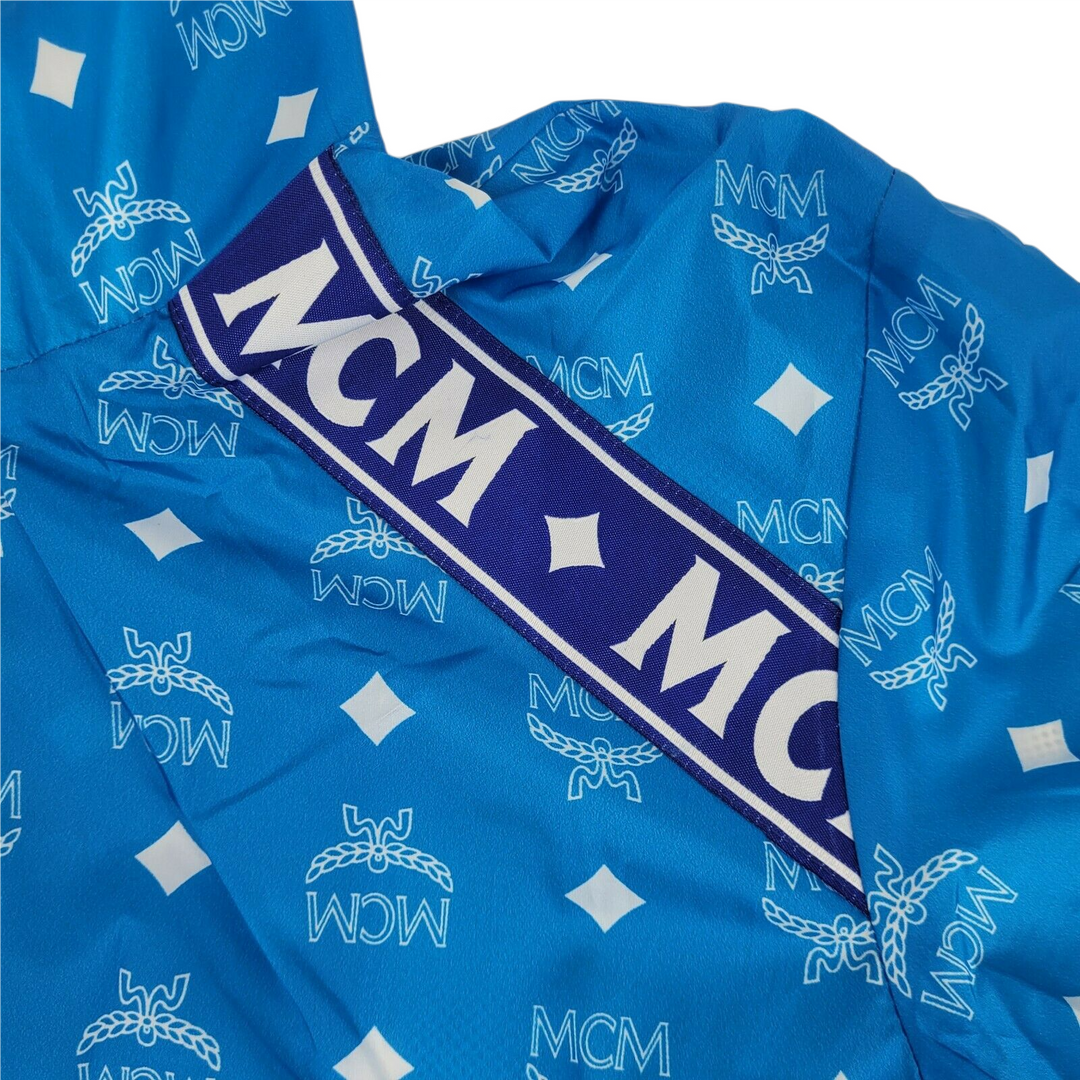 MCM Women's Blue Nylon Bomber Jacket White Logo Print