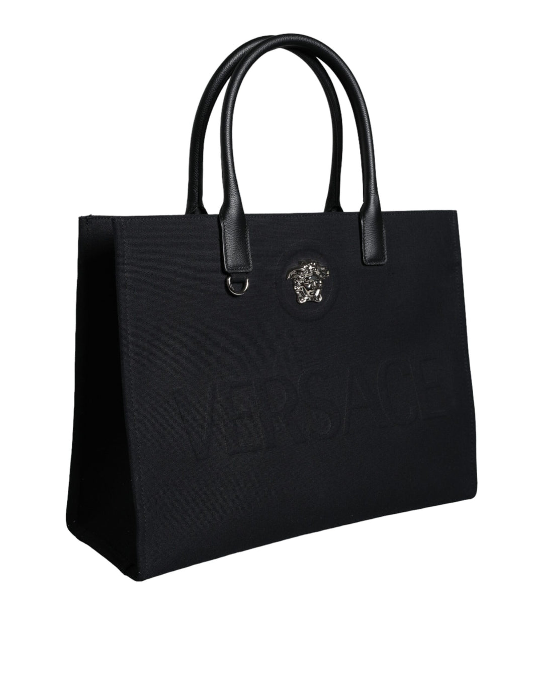 Versace Black Top Handle Canvas Leather Logo Shopping Tote Bag