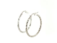 Sterling Silver Hoop Design Diamond Cut Earrings with Rhodium Plating (26mm)