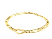 14k Yellow Gold 7 inch Figaro Chain Bracelet with Heart