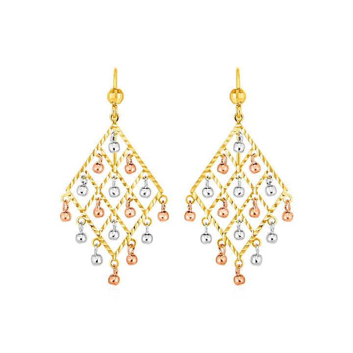 Textured Chandelier Earrings with Ball Drops in 14k Tri Color Gold