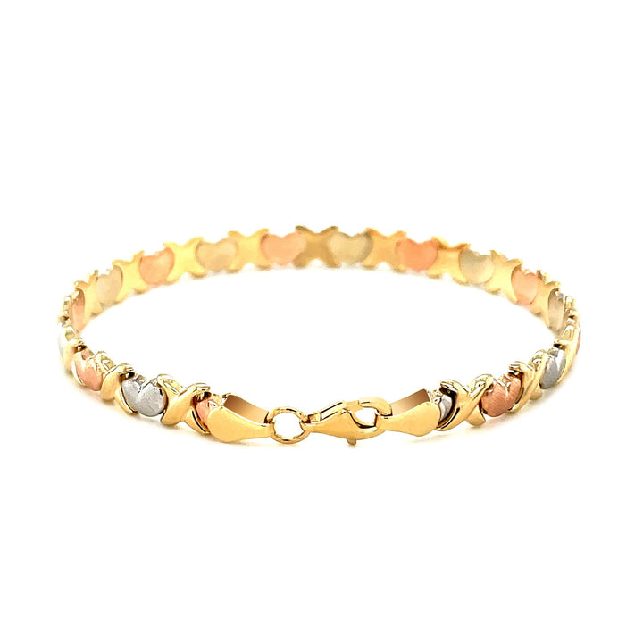 14k Tri-Color Gold Fancy Satin Heart Line Bracelet