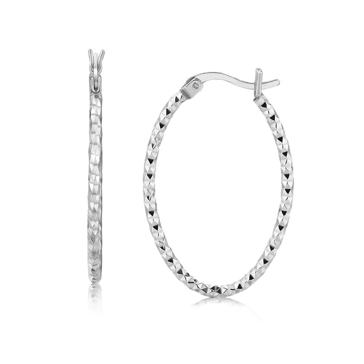 Sterling Silver Rhodium Plated Textured Diamond Cut Classic Hoop Earrings