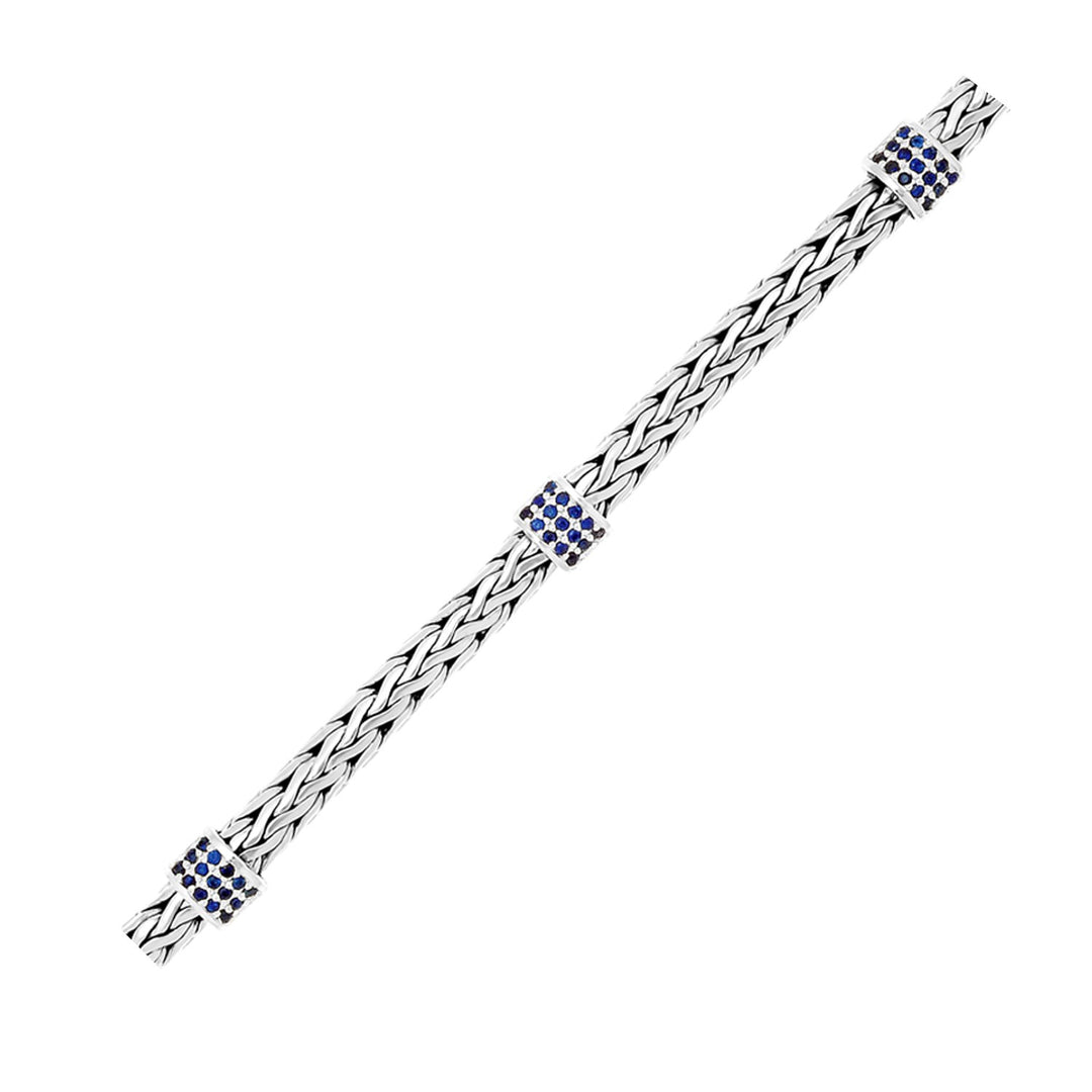 Sterling Silver Woven Bracelet with Blue Sapphire Stations