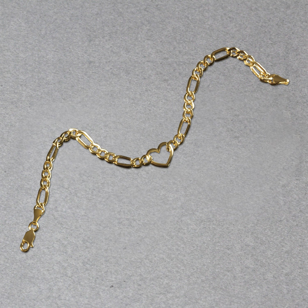 14k Yellow Gold 7 inch Figaro Chain Bracelet with Heart