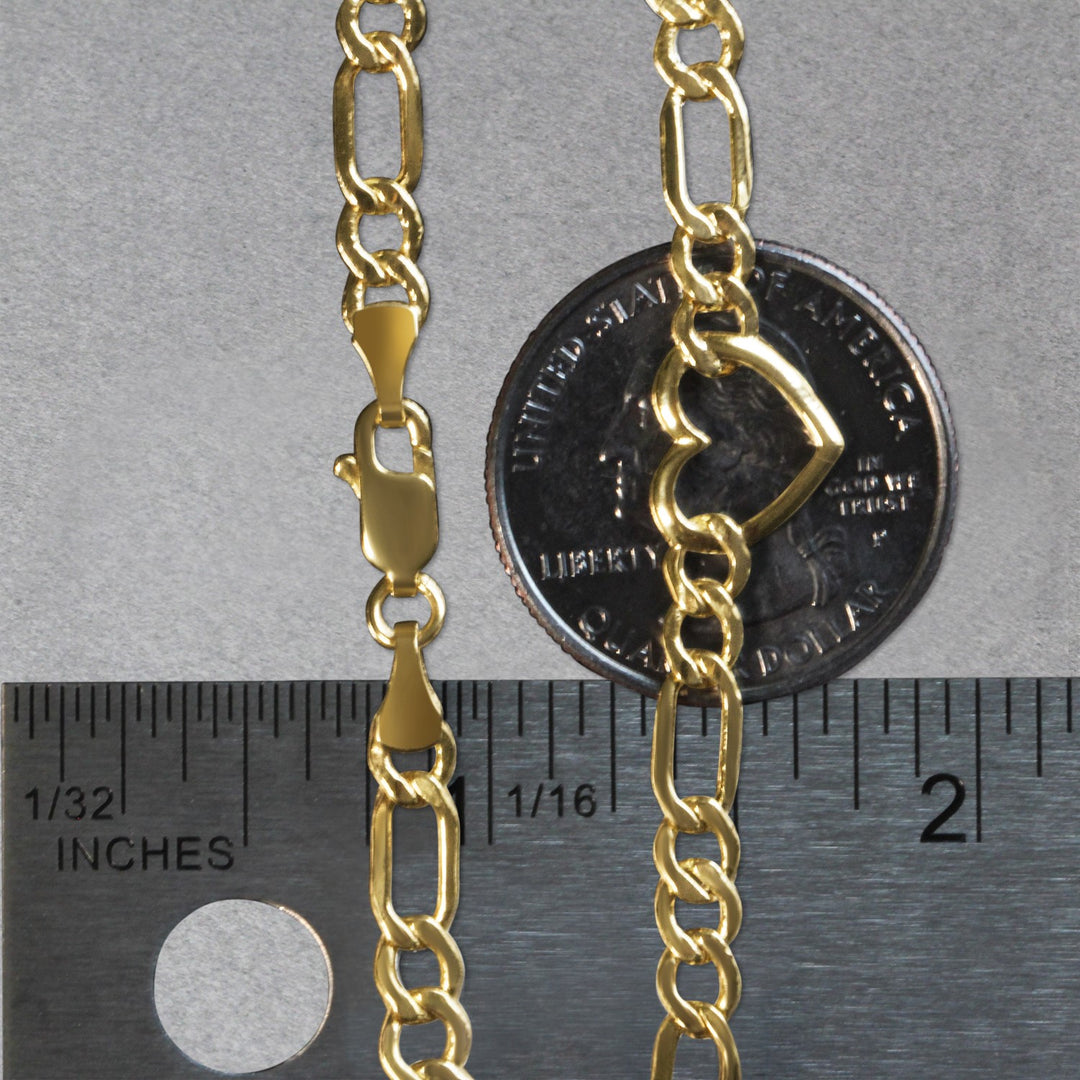 14k Yellow Gold 7 inch Figaro Chain Bracelet with Heart