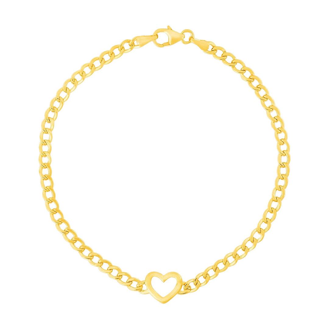 14k Yellow Gold 7 inch Curb Chain Bracelet with Heart