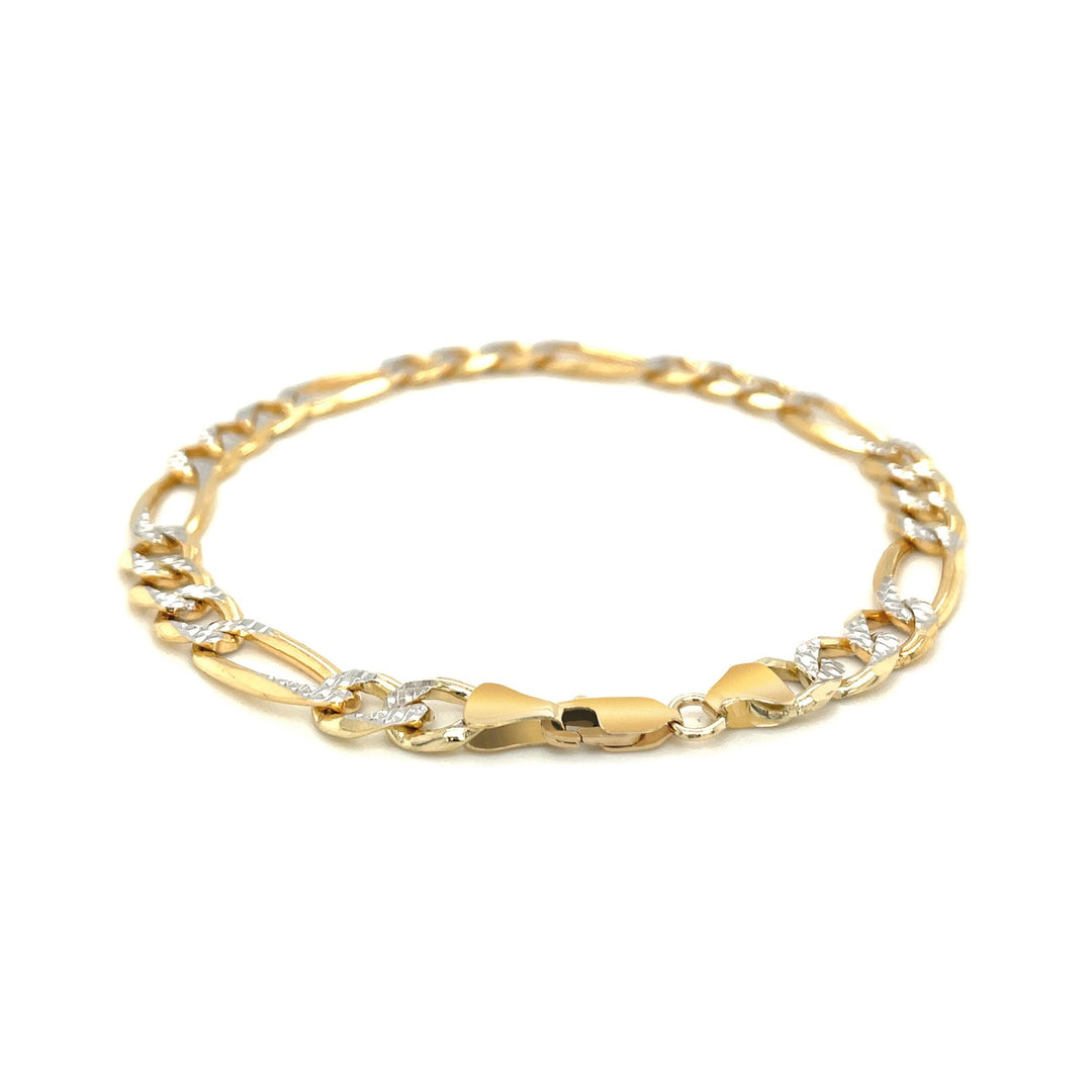 7.0mm 14K Yellow Two Tone Solid Pave Figaro Bracelet