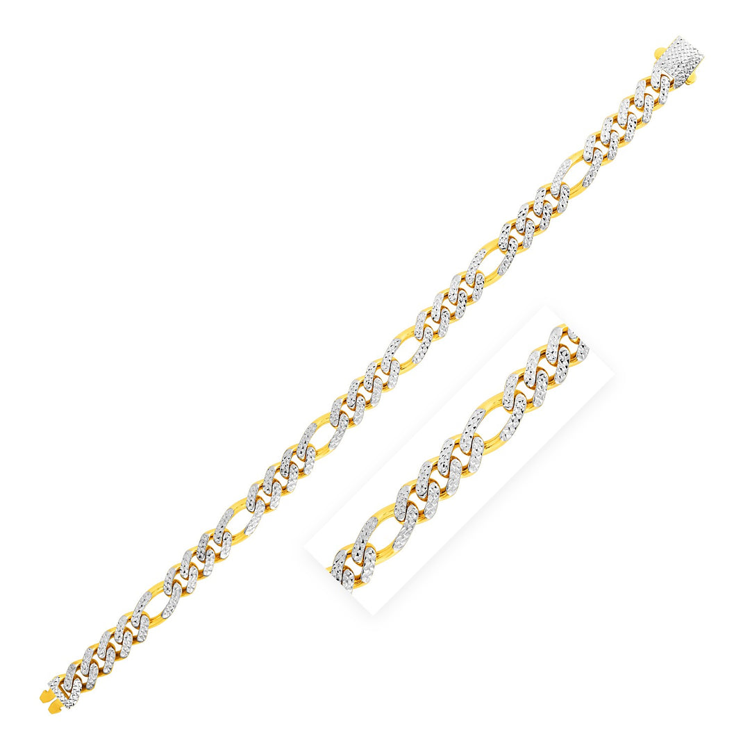 14k Yellow Gold White Pave High Polish Modern Lite Figaro Bracelet (8.0mm)