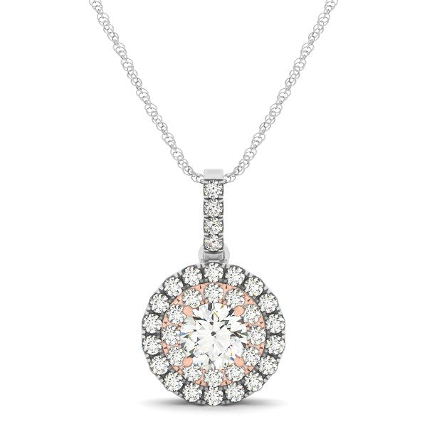 Round Shape Halo Diamond Pendant in 14k White and Rose Gold (1/2 cttw)